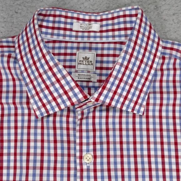 Peter Millar Shirt Nanoluxe Mens 17.5 Long Button Up Red Blue Long Sleeve - Picture 1 of 16